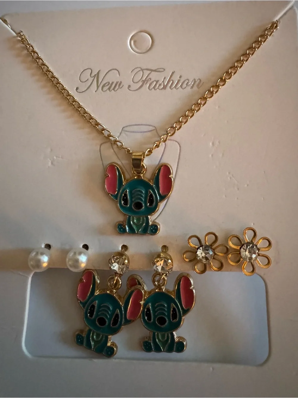 Kids Gold-tone Stitch Character Necklace & Earring Set - Teal Pink